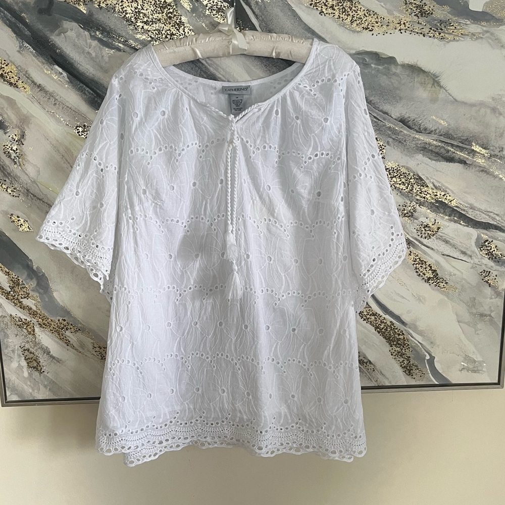 Catherines White bohemian embroidered beachy Eyelet Blouse 1X